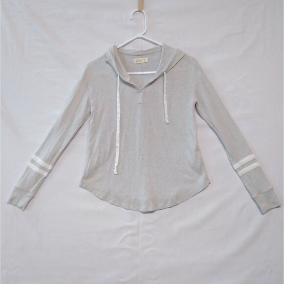 Hollister California XS Gray Hooded Long-Sleeve Top Striped Sleeves & Drawstring - Picture 1 of 8